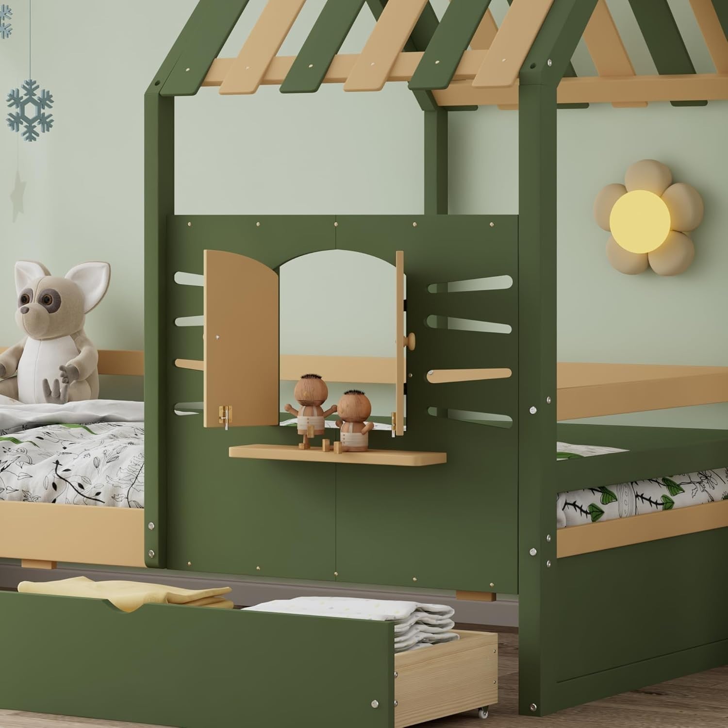 Kids Wooden House Cabin Bed with Drawers, Guardrail & Roof Frame 90x190cm