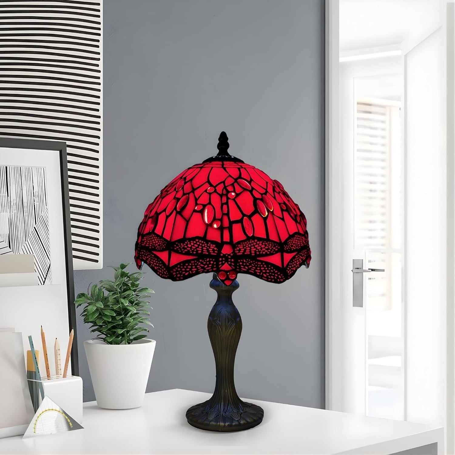 Stained Glass Table Lamp Antique Style 42cm Handcrafted Shade E27