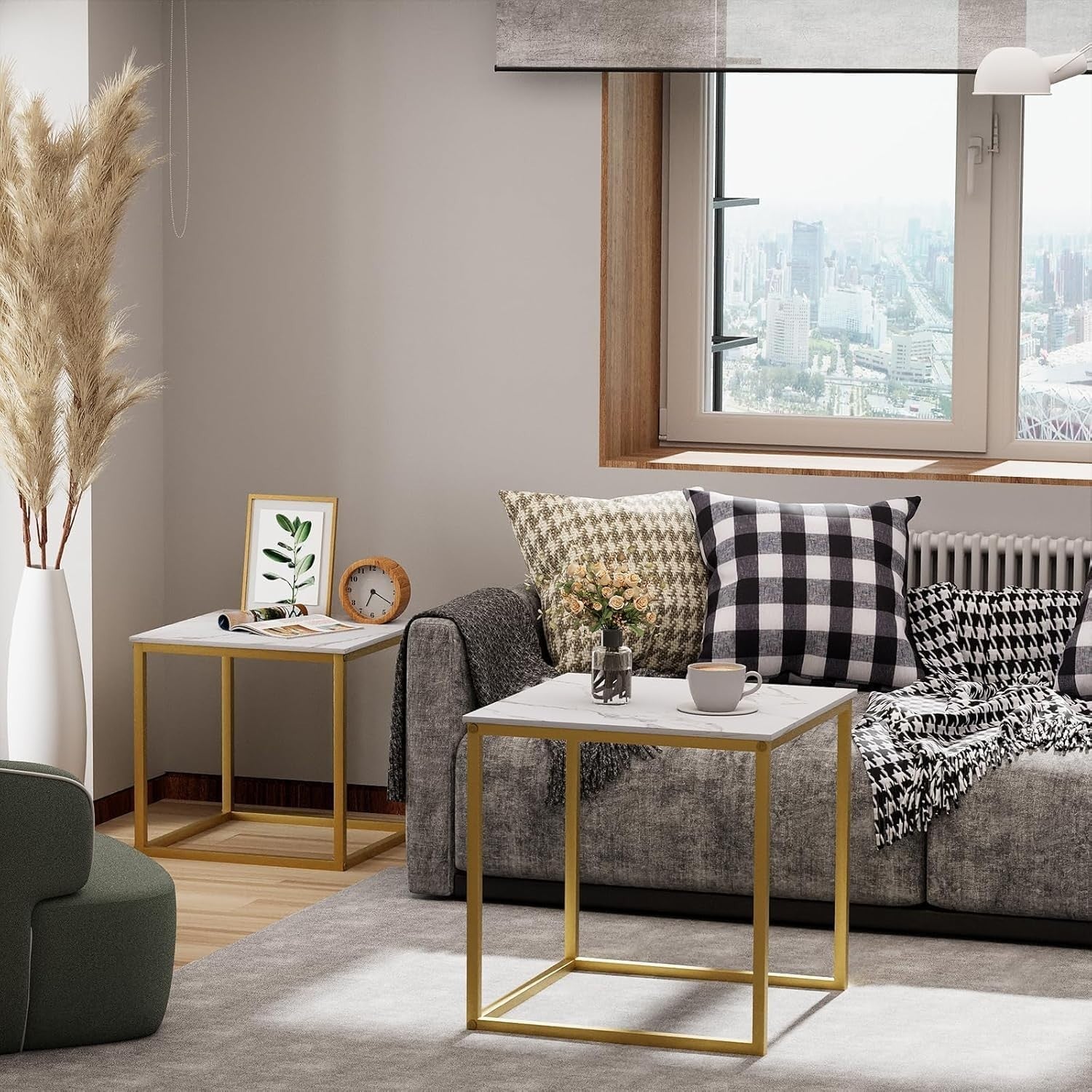 Nesting Side Coffee Tables Set 2 Square Wood Metal Frame Living Room Bedroom
