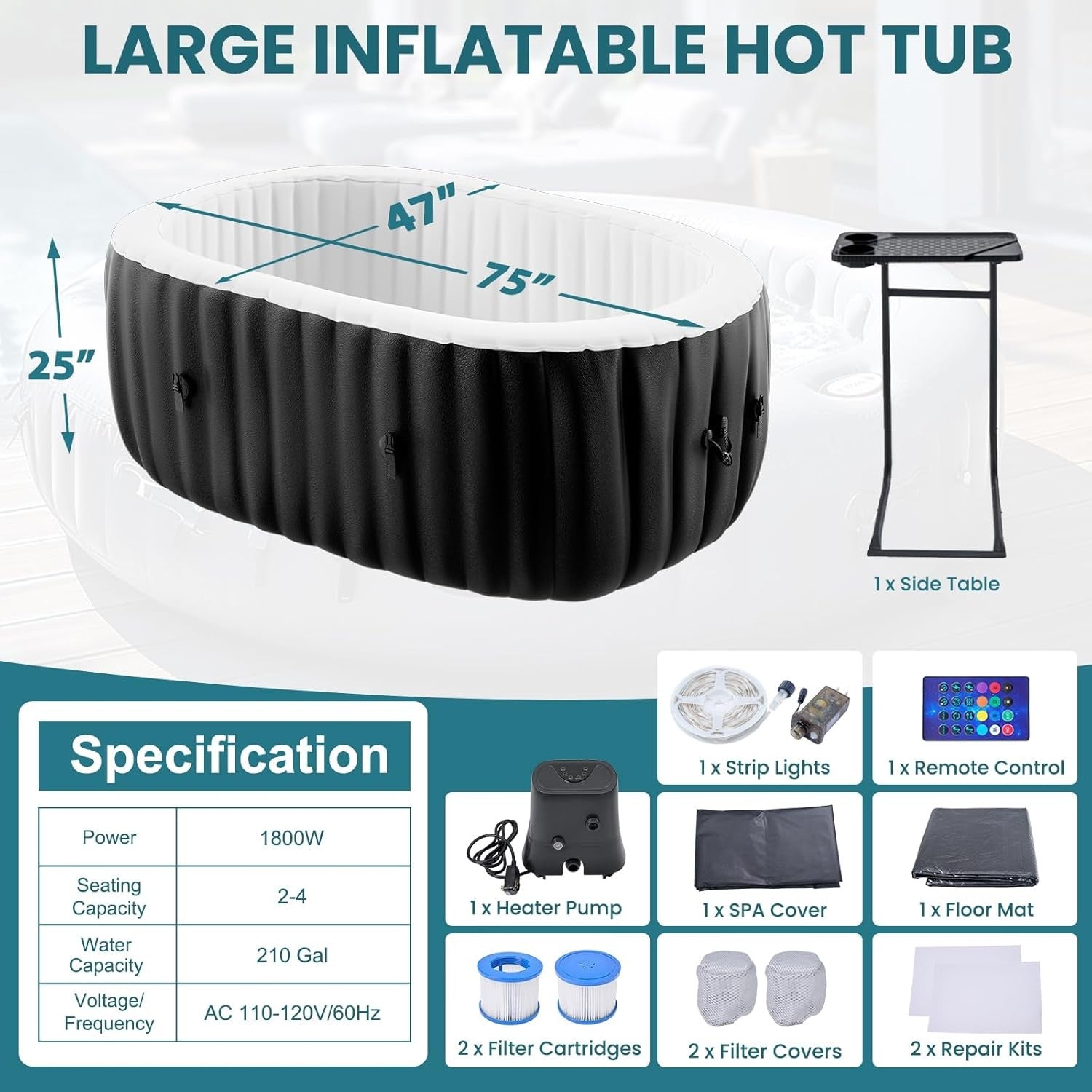1–2 Person Inflatable Hot Tub LED Spa 100 Air Jets Heated Oval