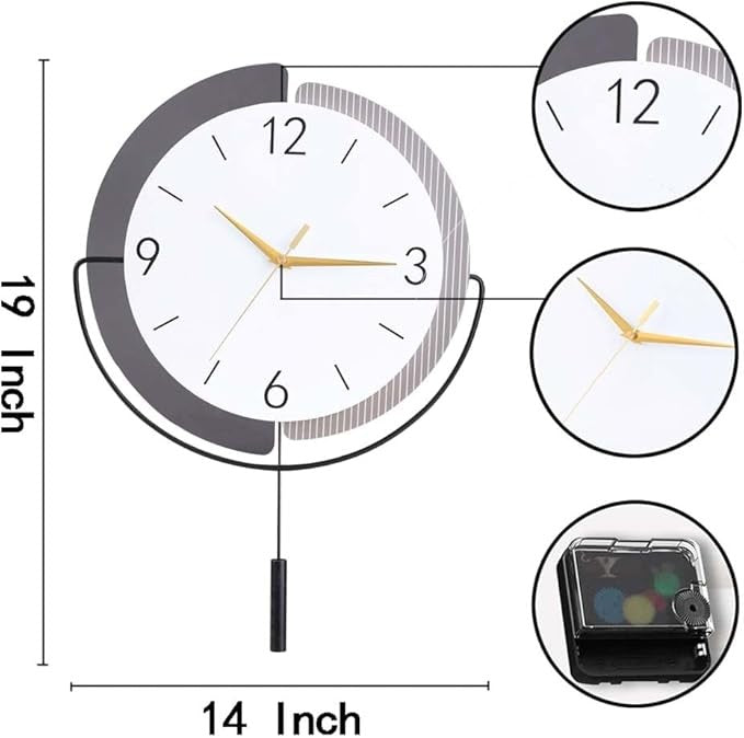 Modern Grey 19×14in Silent Pendulum Wall Clock Large Home Decor Battery Operated