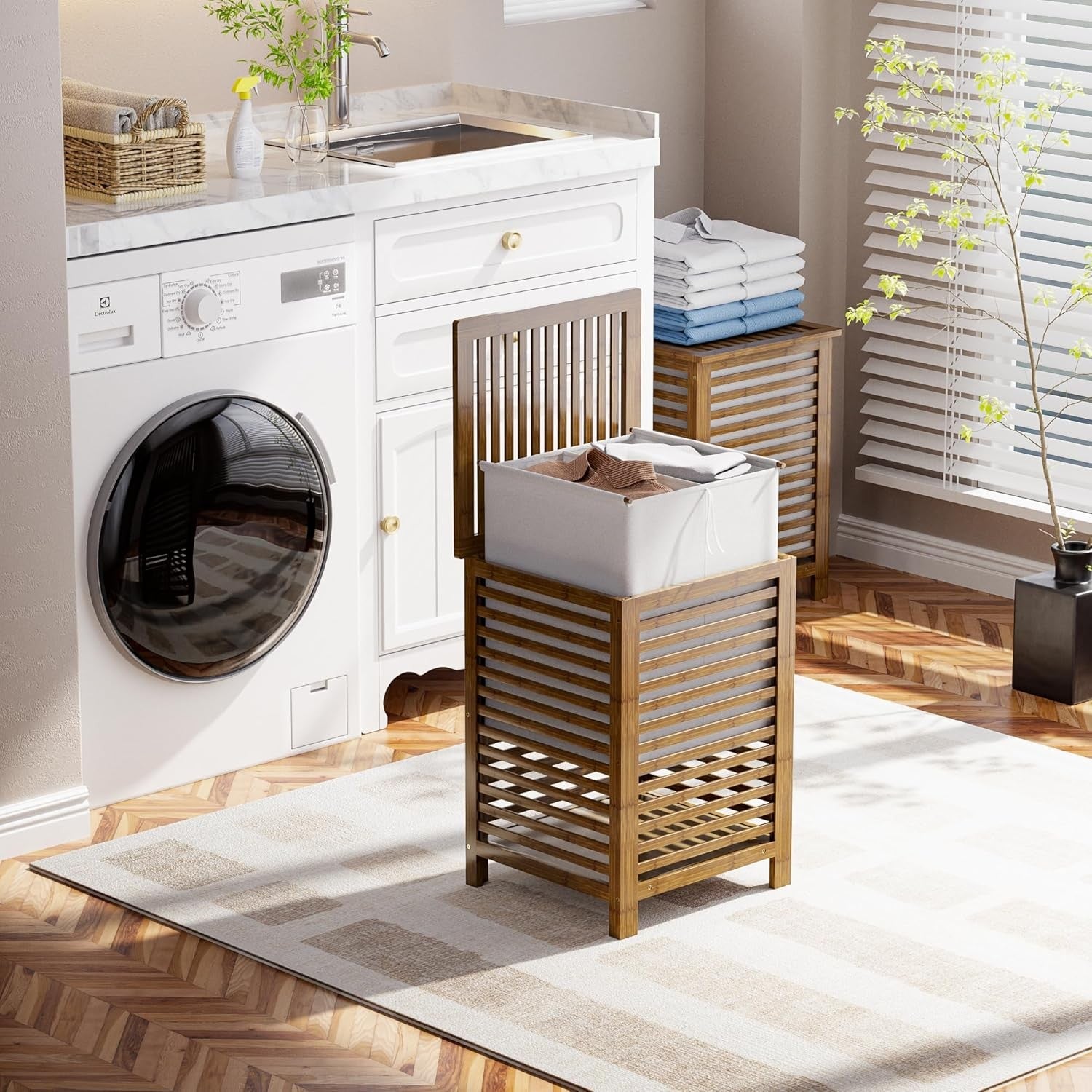 Walnut Bamboo Double Laundry Hamper with Lid 120L 2 Section Basket 47x47x65cm