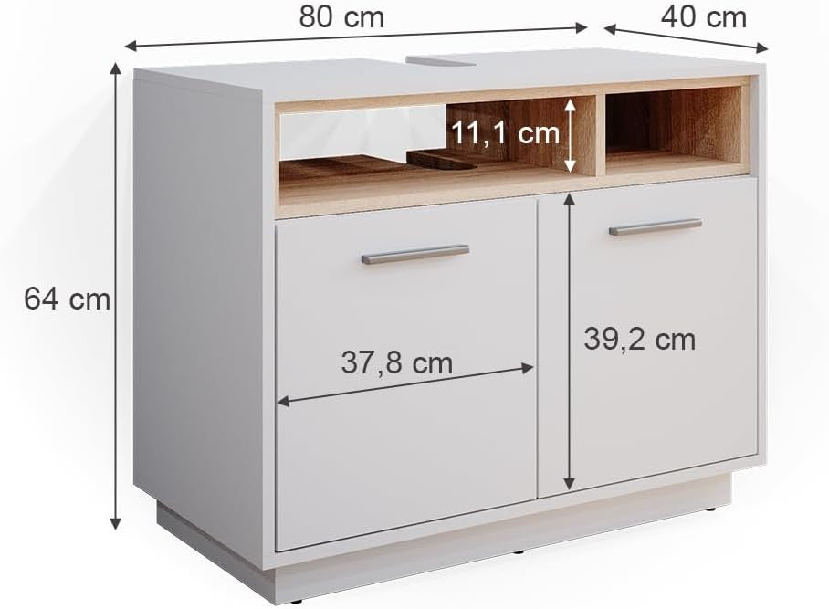 White Bathroom Sink Cabinet Vanity Storage Unit with Oak Shelves 80x64cm