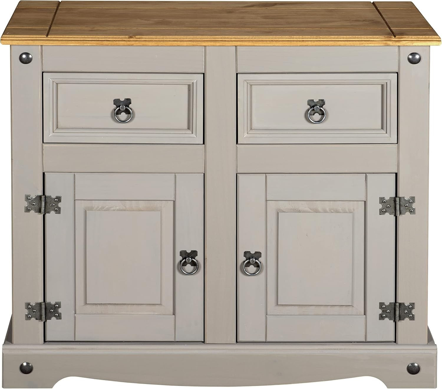 Rustic Grey Pine Sideboard Cabinet with 2 Drawers & Doors Storage Cupboard