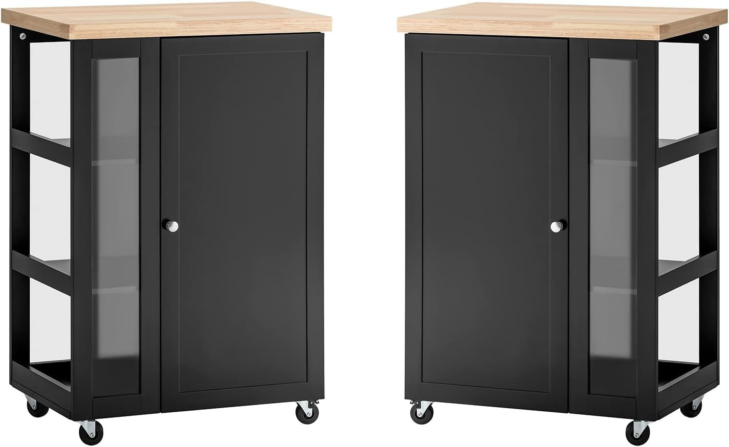 Black Compact Kitchen Island on Wheels with Cupboard, Side Rack & Worktop