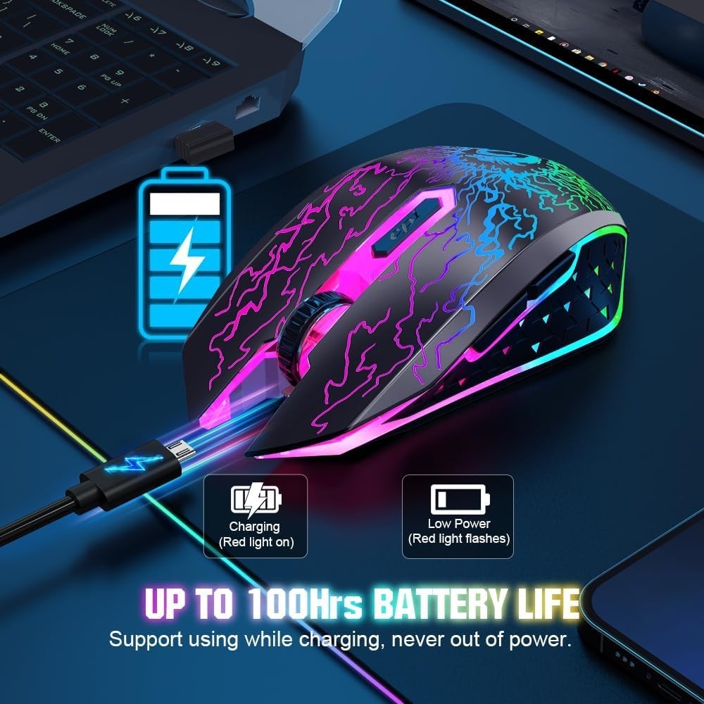 RGB Wireless Gaming Mouse Silent Click Rechargeable 2.4G USB PC Laptop