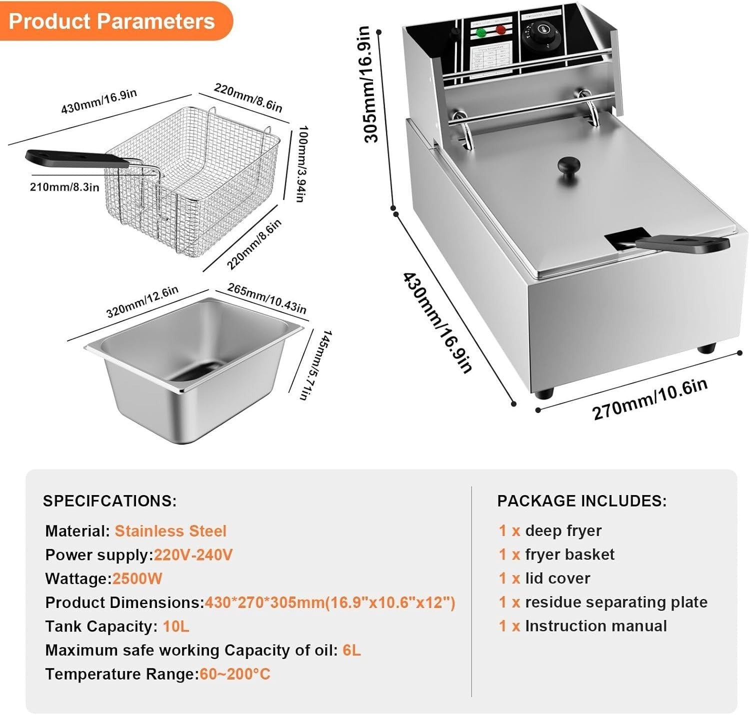 10L Deep Fat Fryer 2500W Electric Stainless Steel Commercial Fryer