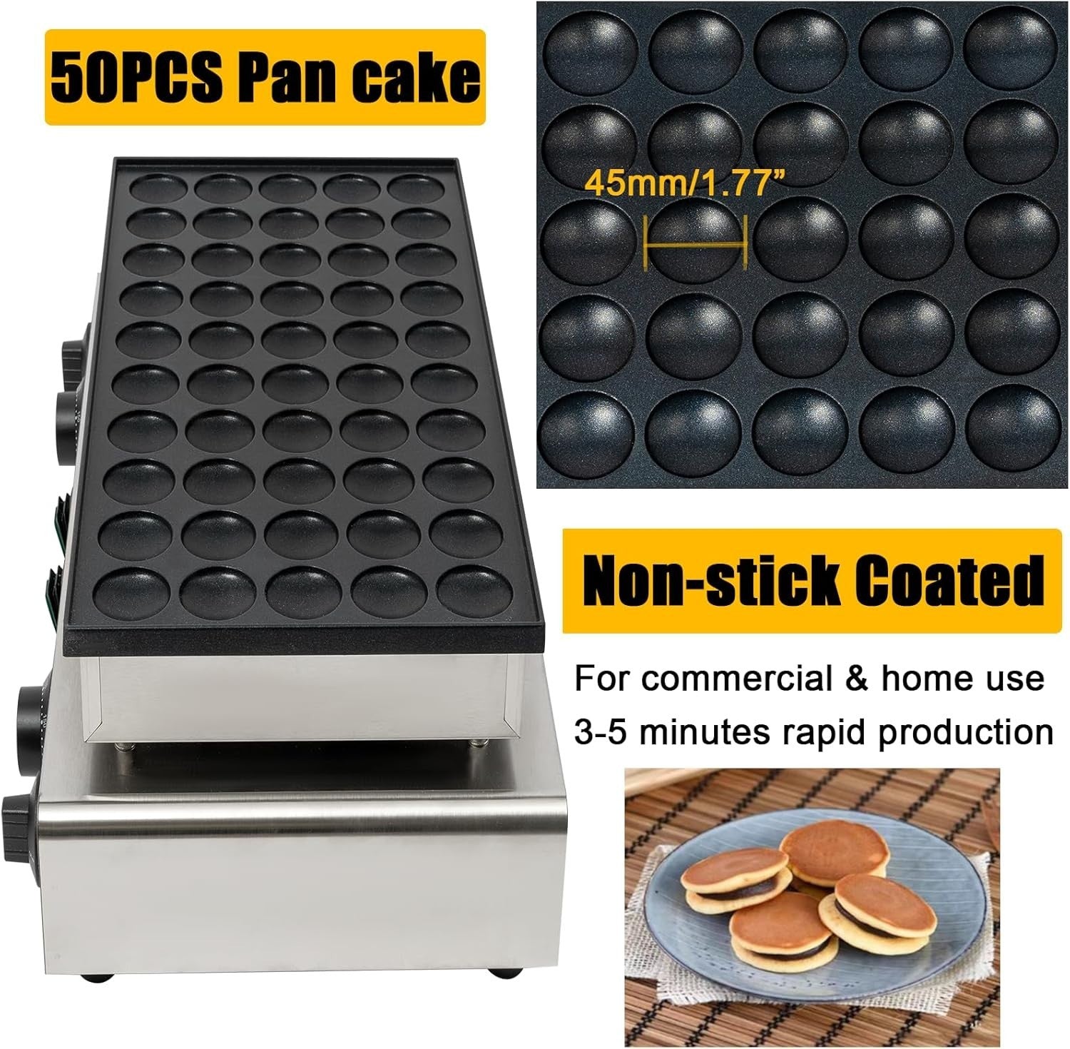 Commercial 50 Hole Mini Pancake Maker, 4.5cm Dutch, 1700W Non Stick Griddle