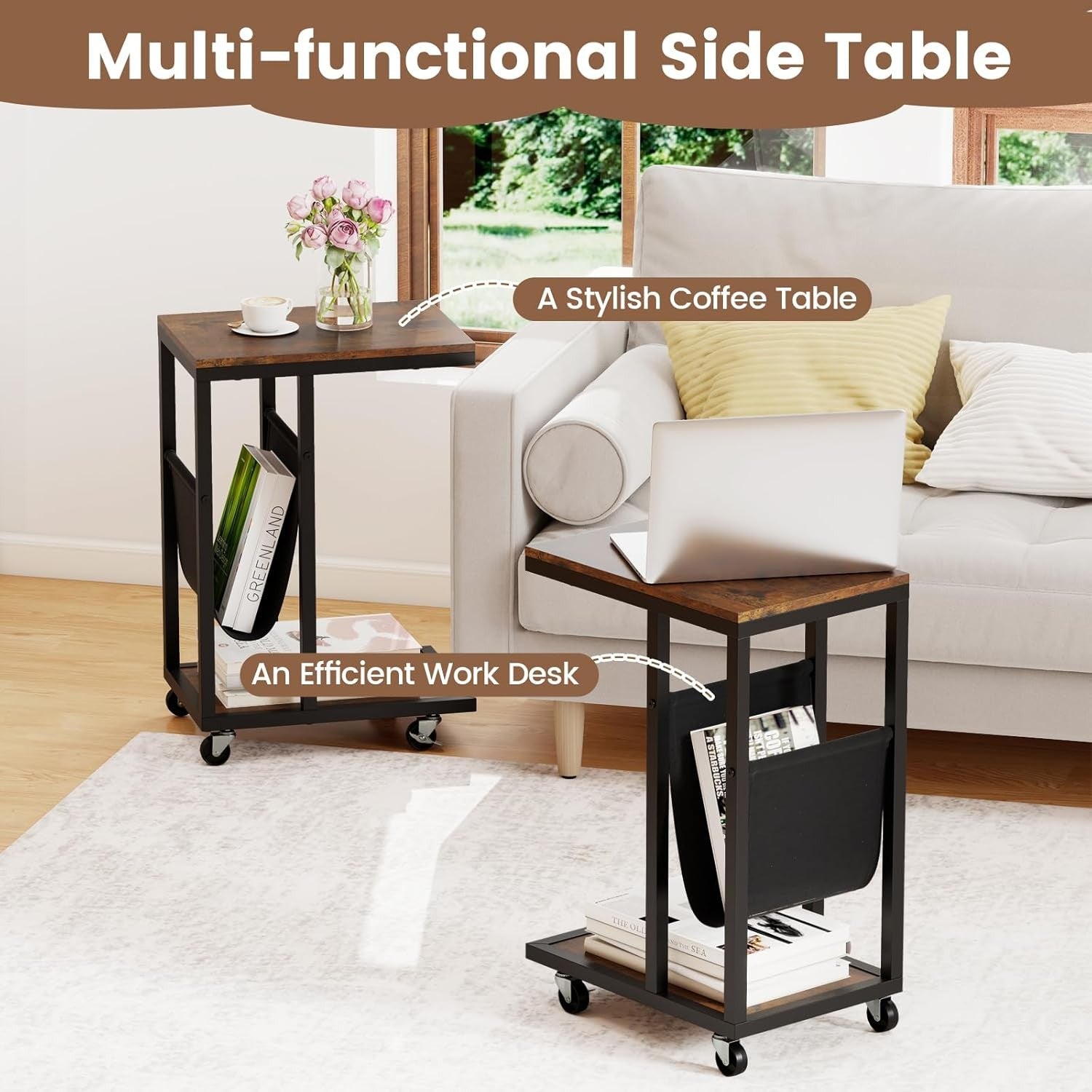 Rolling C-Shaped Side Table Rustic Brown | Sofa Laptop Table w/ Magazine Rack