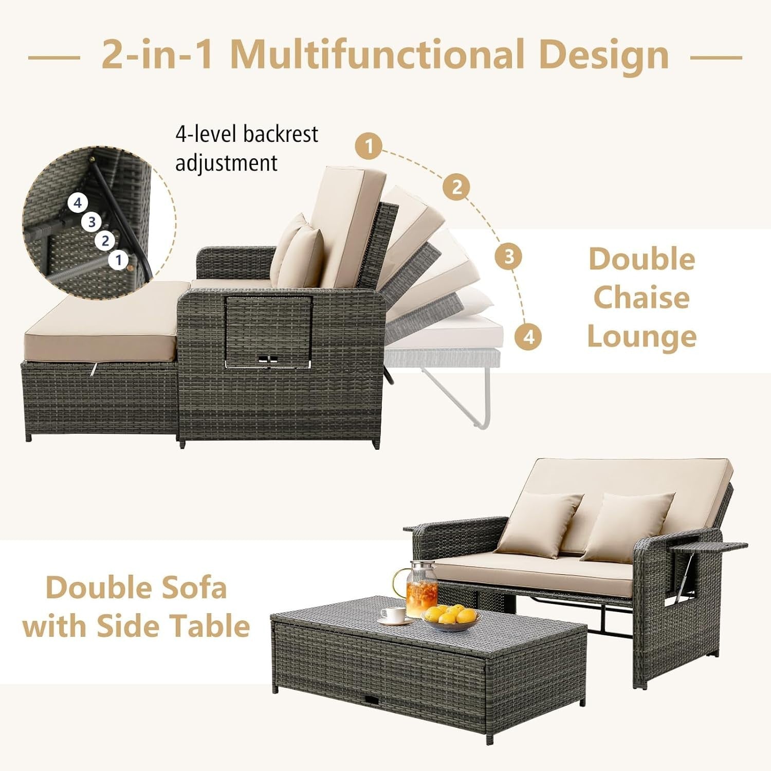 Beige+Grey 2-Seater Rattan Outdoor Daybed with Adjustable Back, Ottoman & Cushio