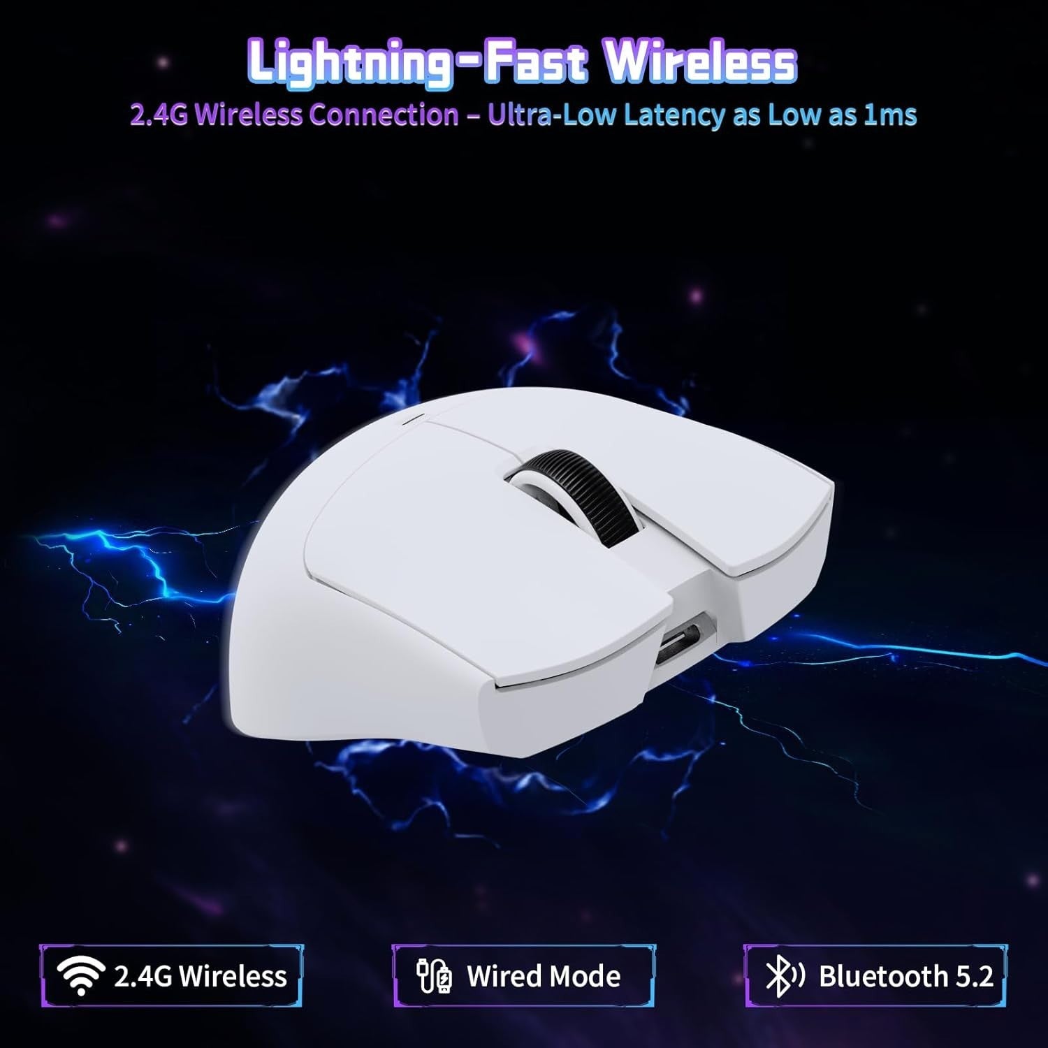 Wireless Gaming Mouse 22000 DPI 65H Battery BT 2.4G USB White