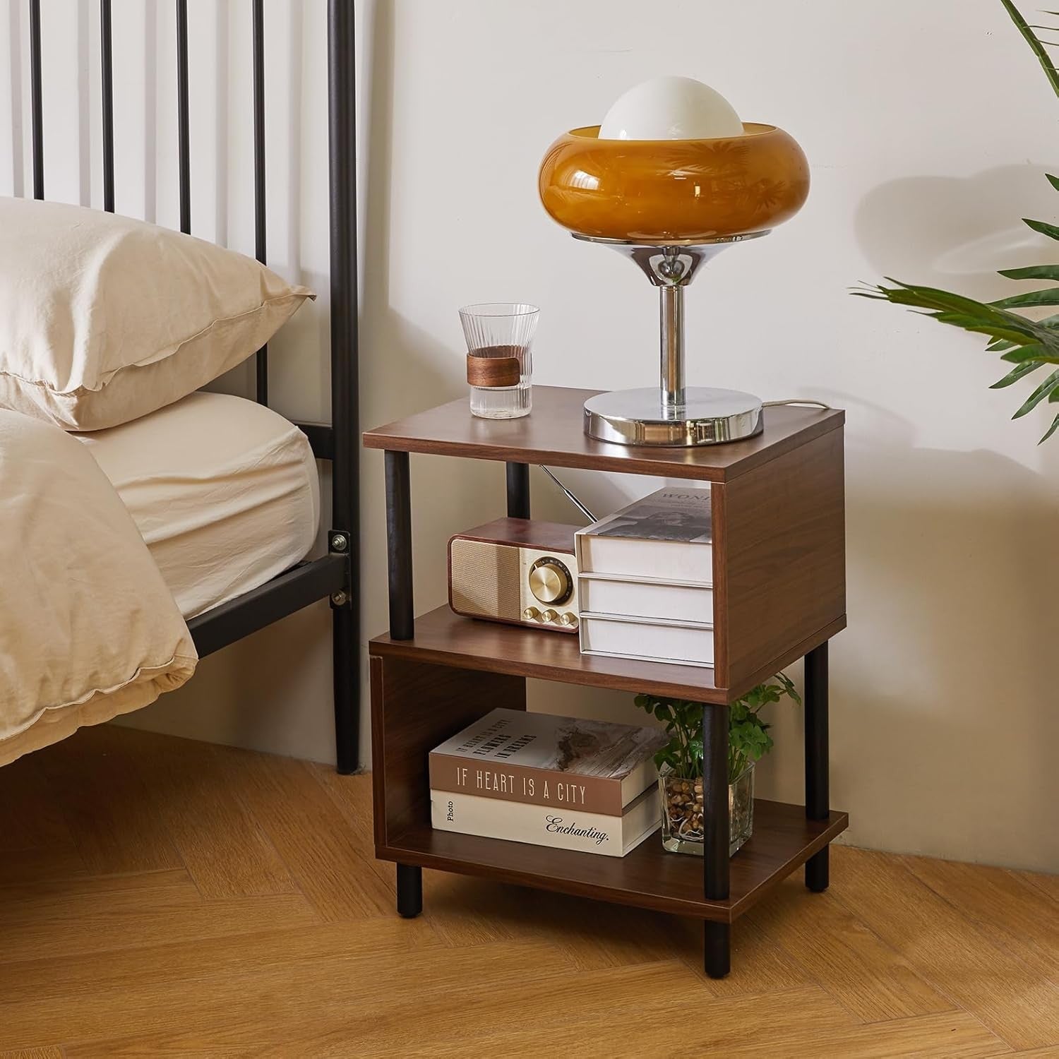 Modern 3-Tier Wooden Side Table with Open Storage Shelves, Walnut End Table