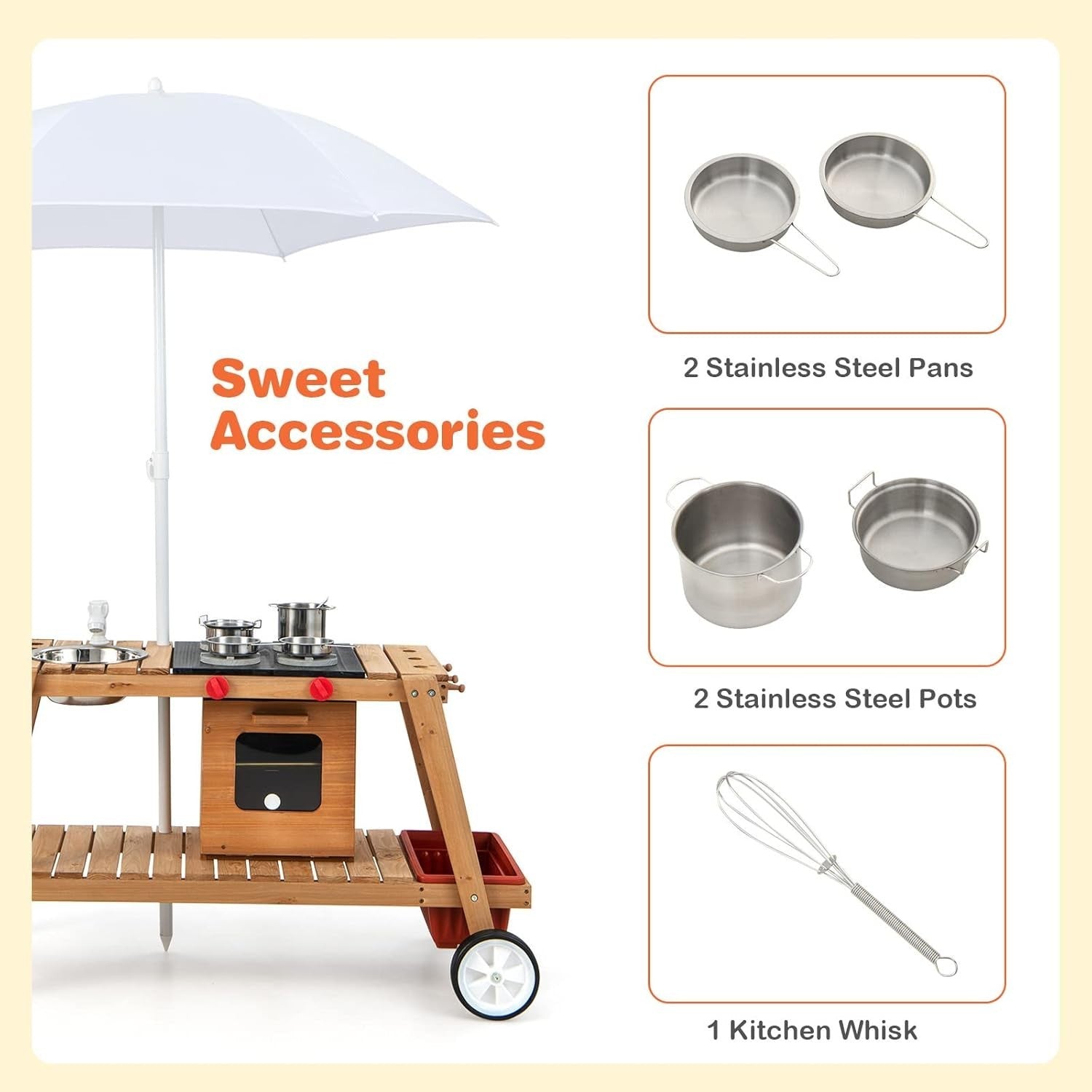 Wooden Mud Kitchen Outdoor Kids Cooking Cart w Umbrella Sink Wheels