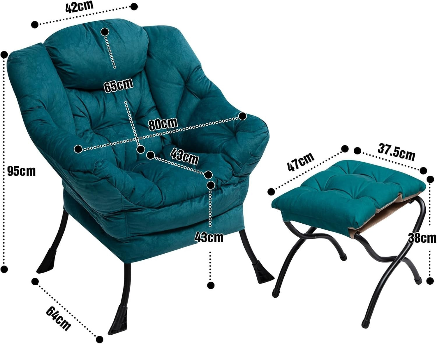 Velvet Blue Green Armchair with Footstool Living Room Lounge Relax Seat