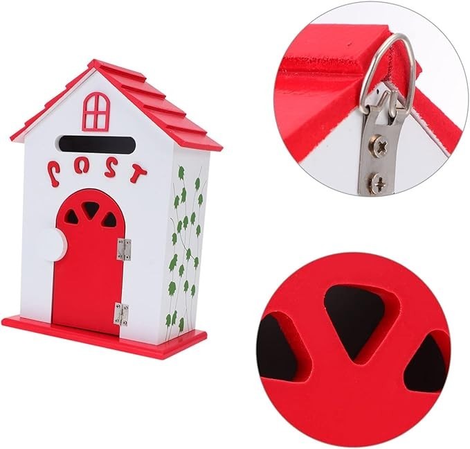 Wall Mounted Wooden Letter Box Red | Lockable Mail Suggestion Drop Box 32x23.5cm