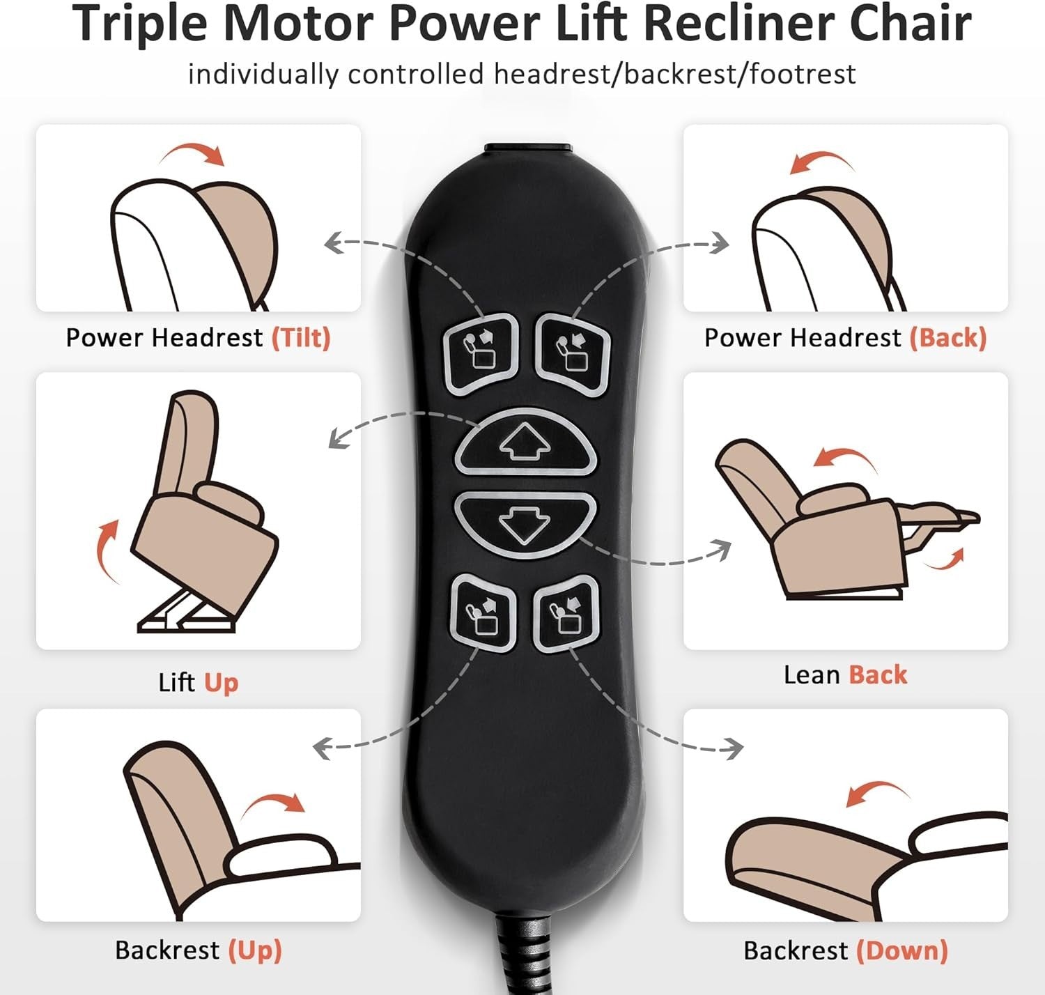 3 Motor Lift Recliner Chair Heat Massage Elderly Riser Adjustable Headrest Large