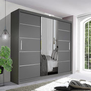 LED Sliding Wardrobe Grey 250cm Mirror Closet Modern Bedroom Storage