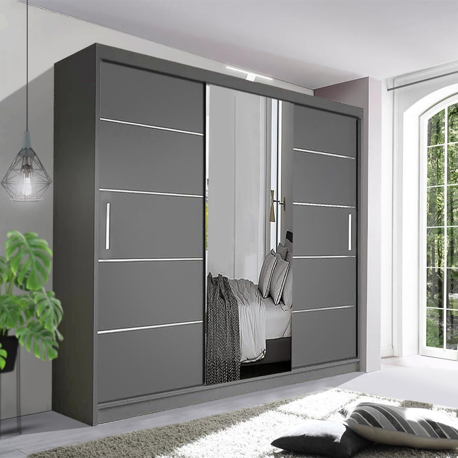 LED Sliding Wardrobe Grey 250cm Mirror Closet Modern Bedroom Storage