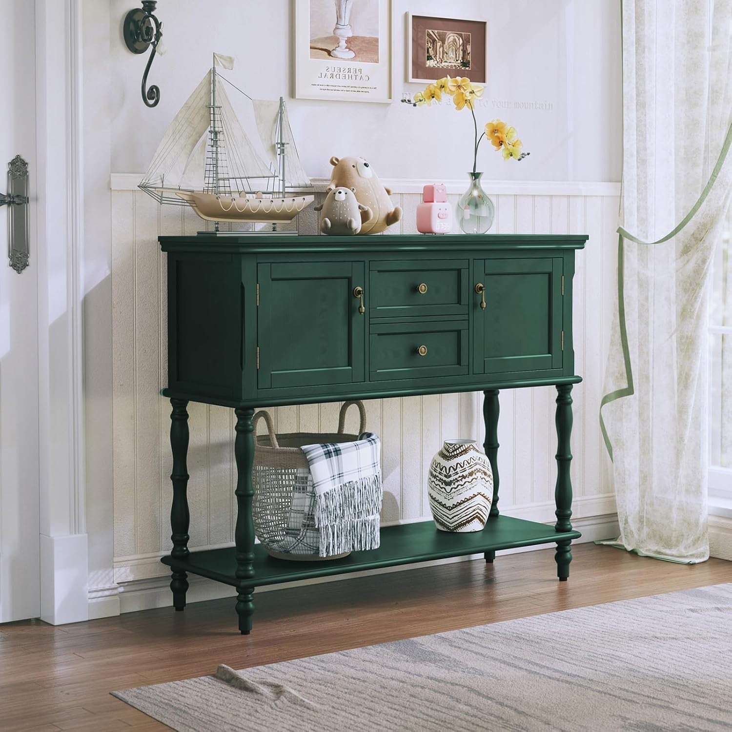 Console Table with Drawers & Storage Cabinet, Retro Hallway Entryway Shelf
