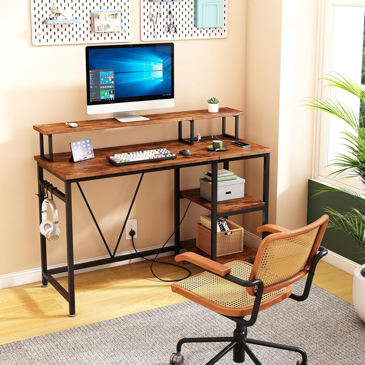 Reversible Rustic Brown Computer Desk w/Power Outlet & Monitor Stand
