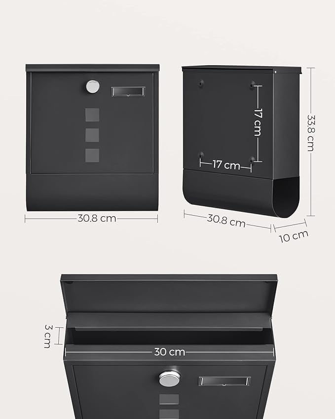 Secure Wall Mounted Mailbox Black with Lock, Newspaper Holder & Nameplate