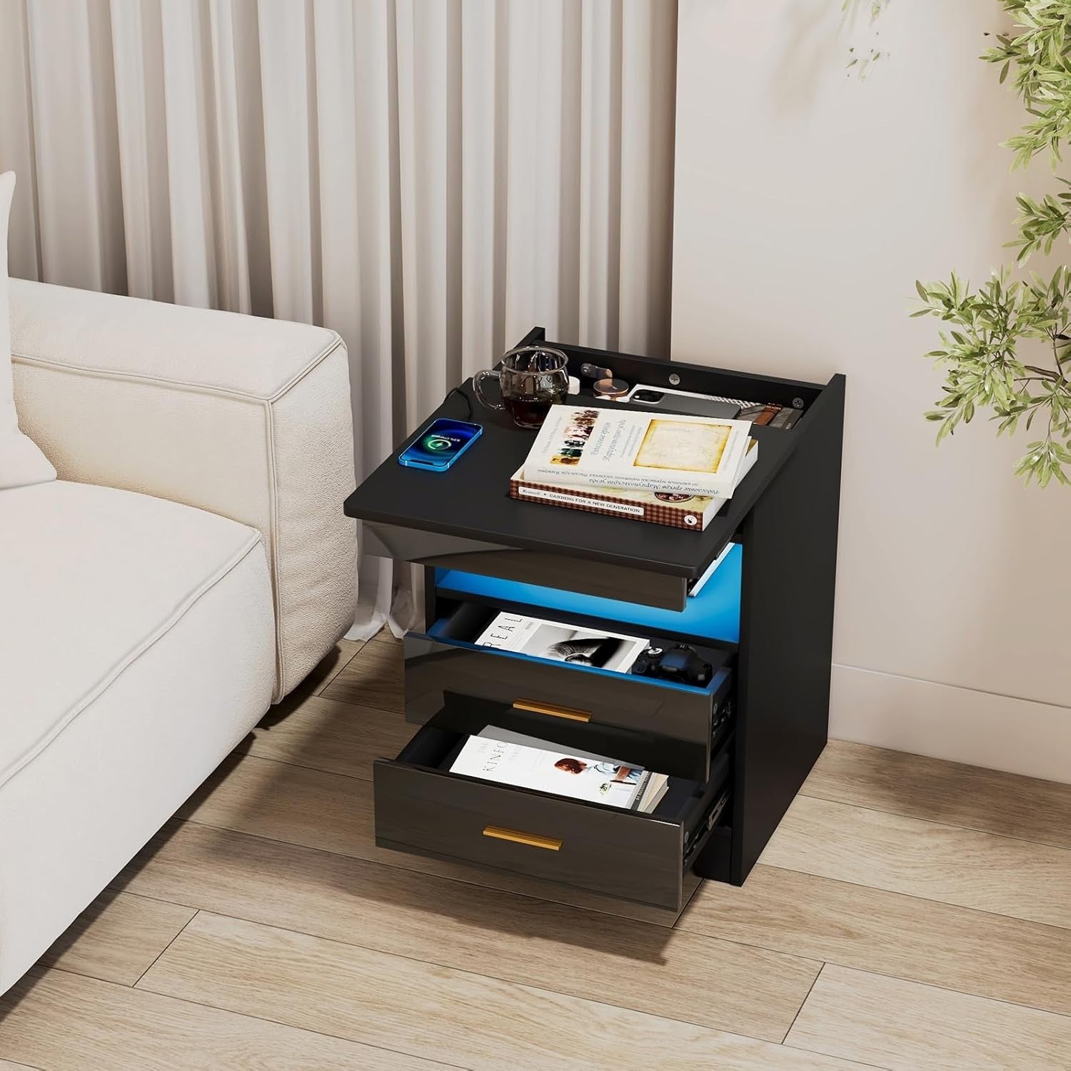 Black LED Bedside Table with USB Charging Ports, Lockable Drawers & RGB Lights