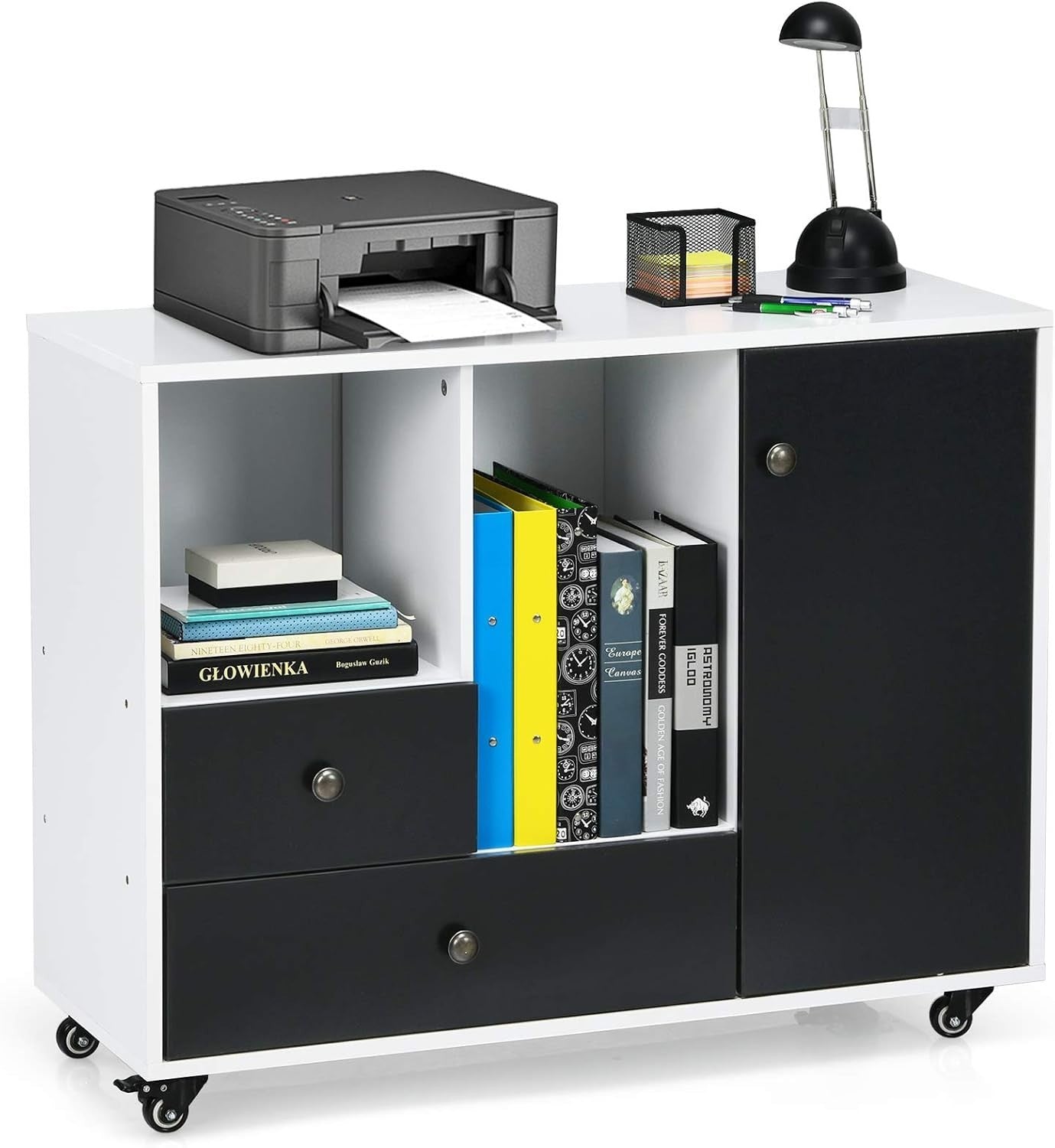 Black White Mobile File Cabinet 90cm Printer Stand Storage Unit