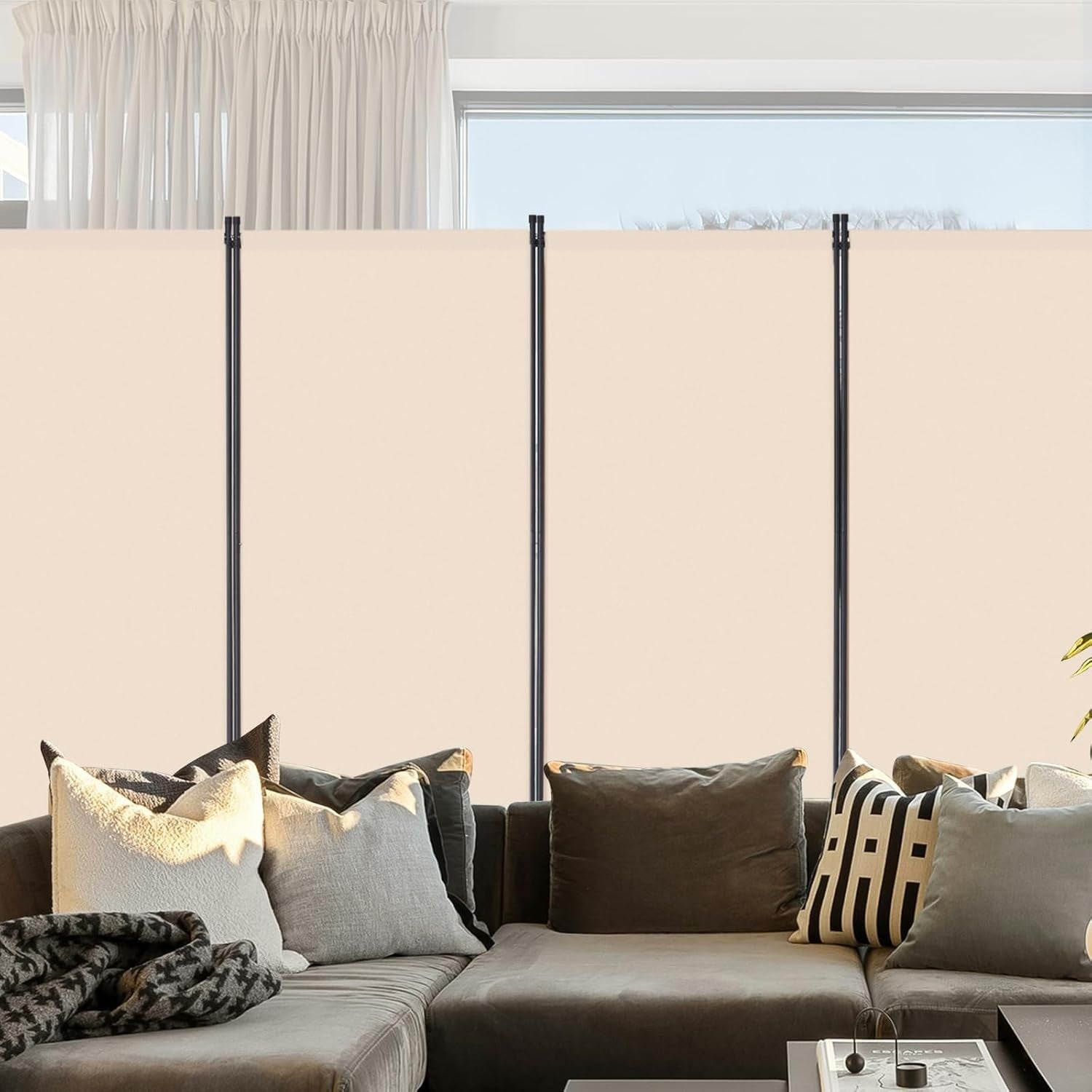 4 Panel Beige Folding Room Divider Privacy Screen Partition 364x184cm