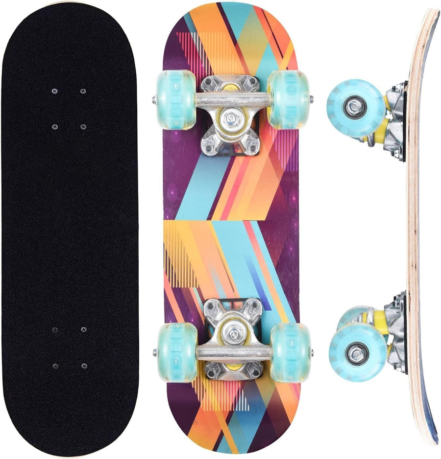 17 Inch Mini Skateboard, Light Up Wheels Kids Beginner Double Kick T Tool