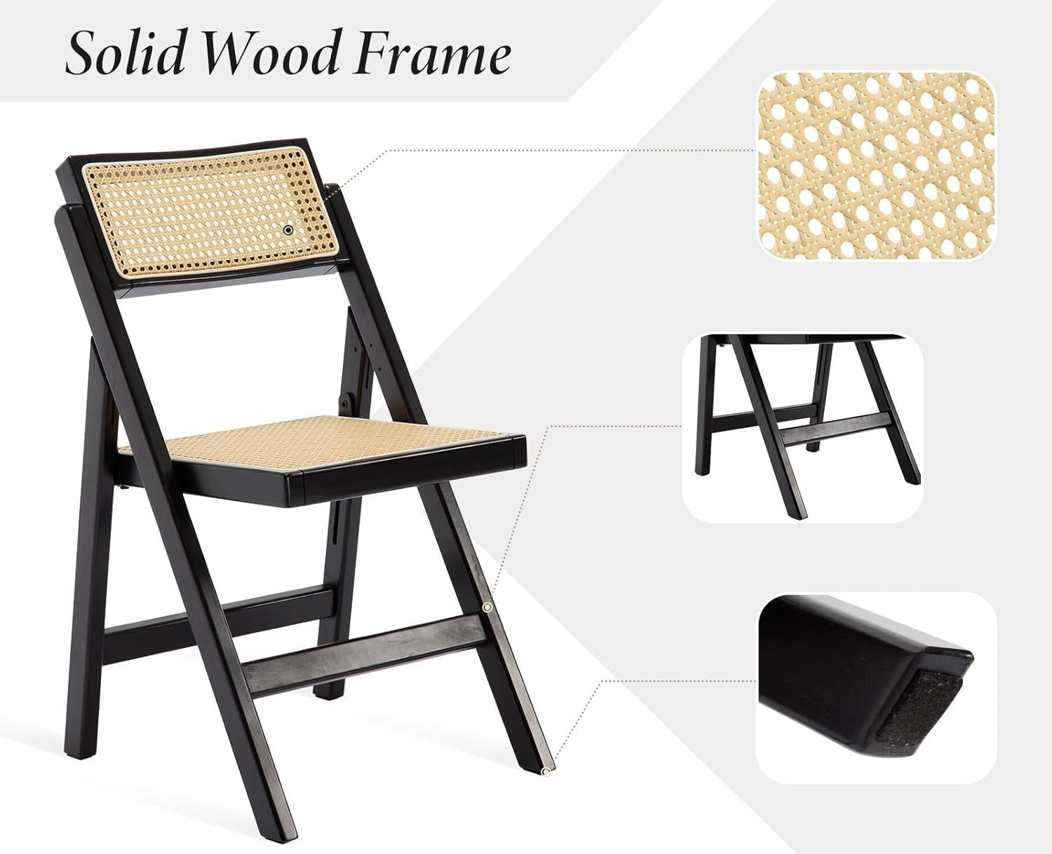 Black Folding Rattan Dining Chairs Set of 2 Wooden Frame Compact Seating