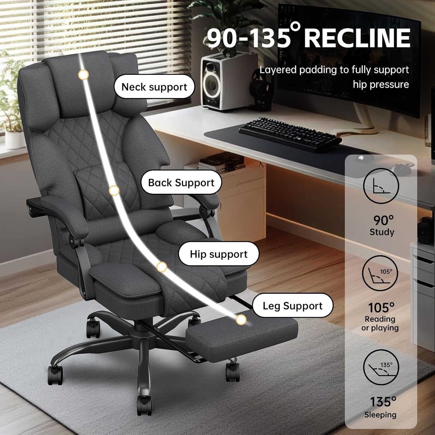 Ergonomic Office Chair Recliner Footrest Fabric Desk Computer Seat 350lb Deep Gr