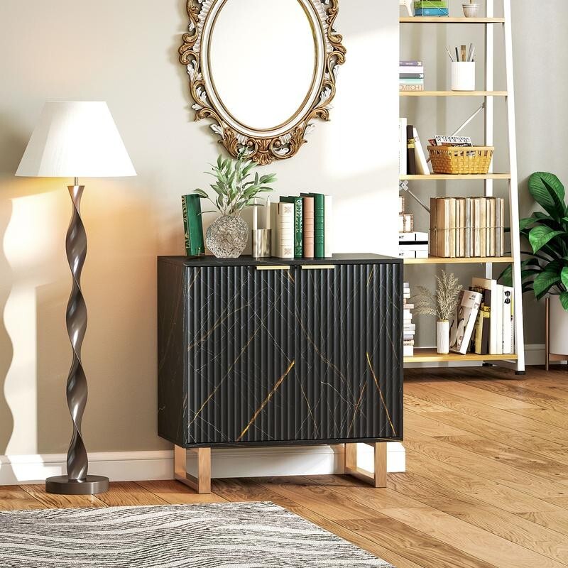 Black Marble Sideboard Cabinet 2 Door Storage Unit Gold Legs Modern Buffet