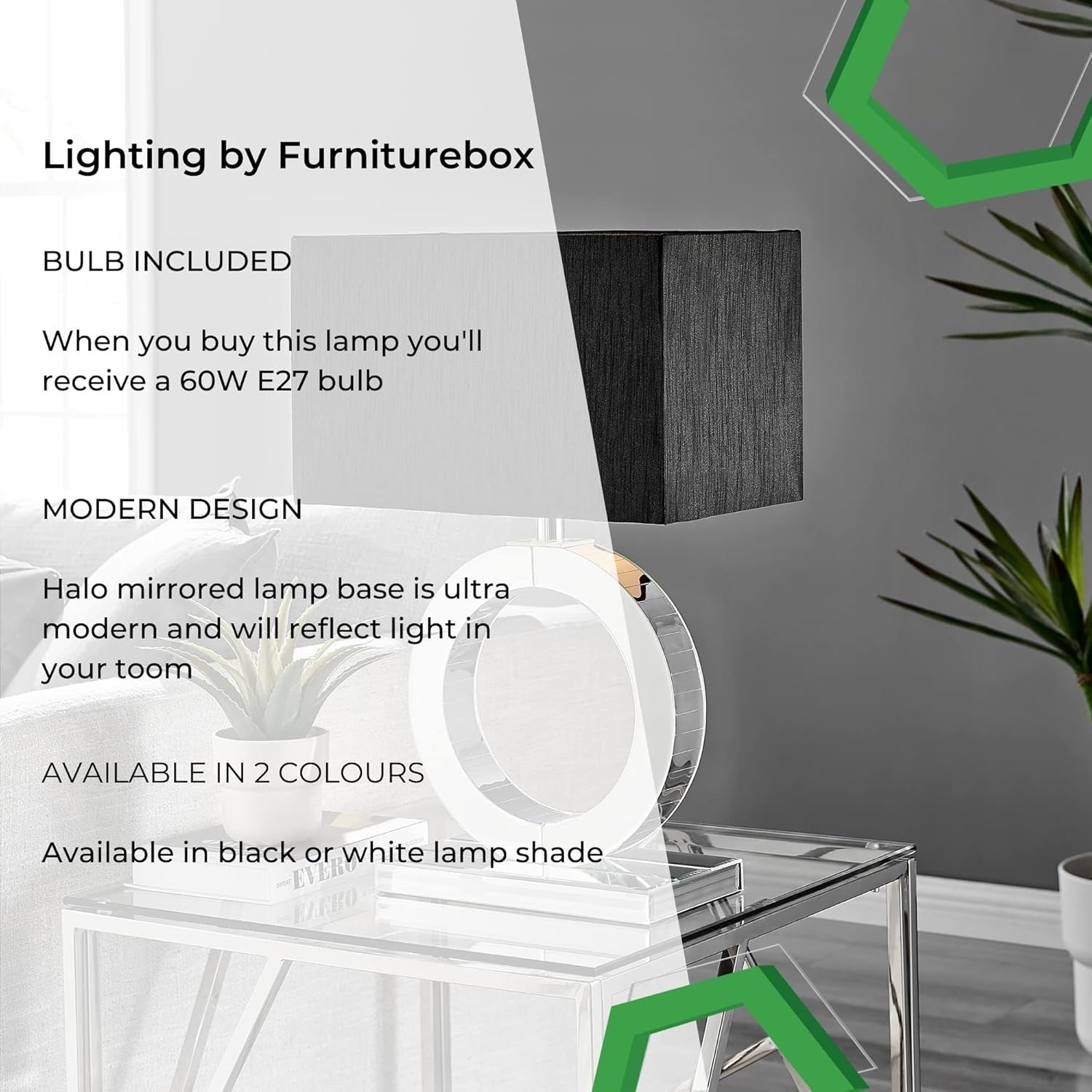 Luxury Table Lamp with Mirrored Base & Black Fabric Shade, E27 Bulb Included