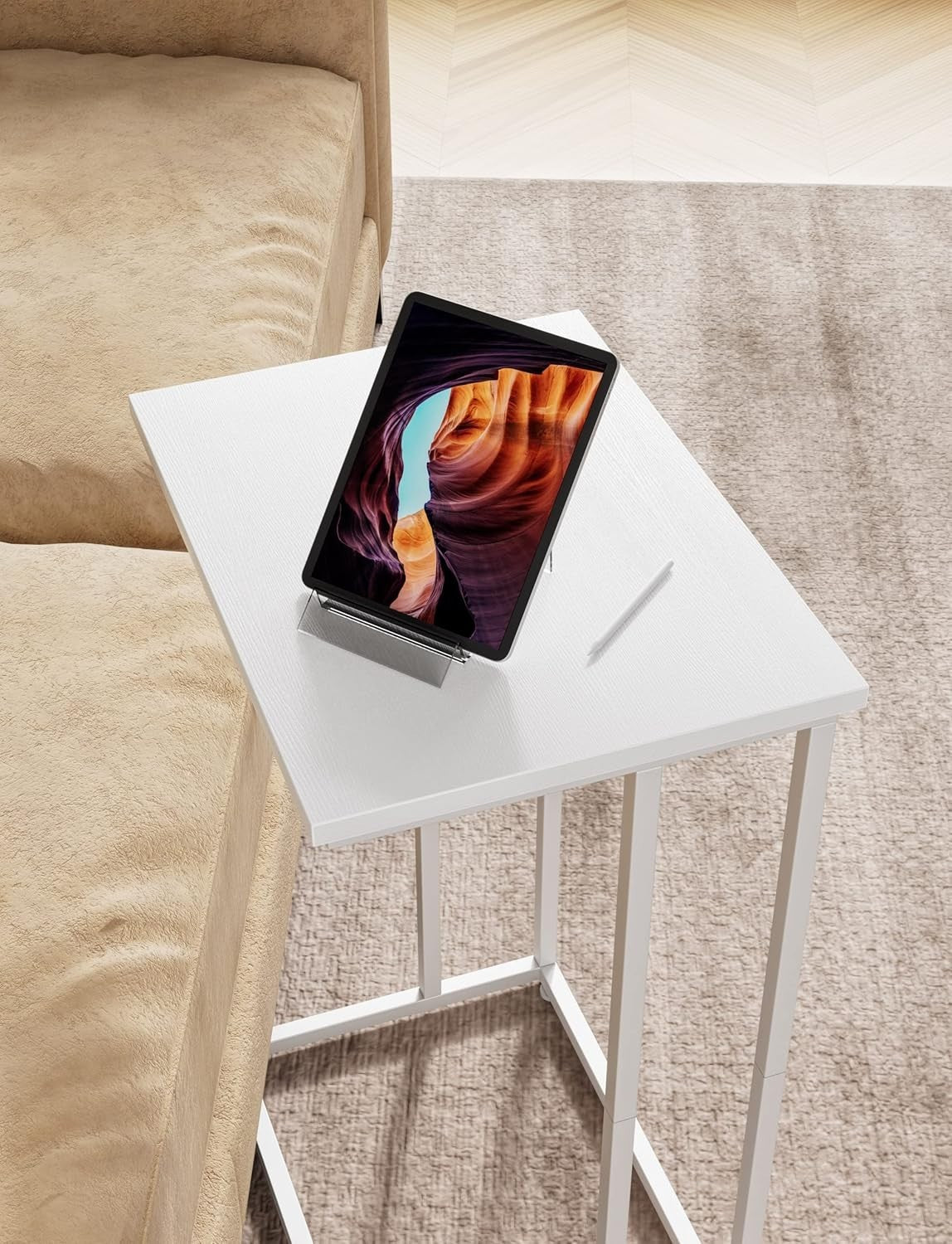 Slim Rustic White C Shaped End Table Sofa Couch Bed TV Tray Laptop Stand