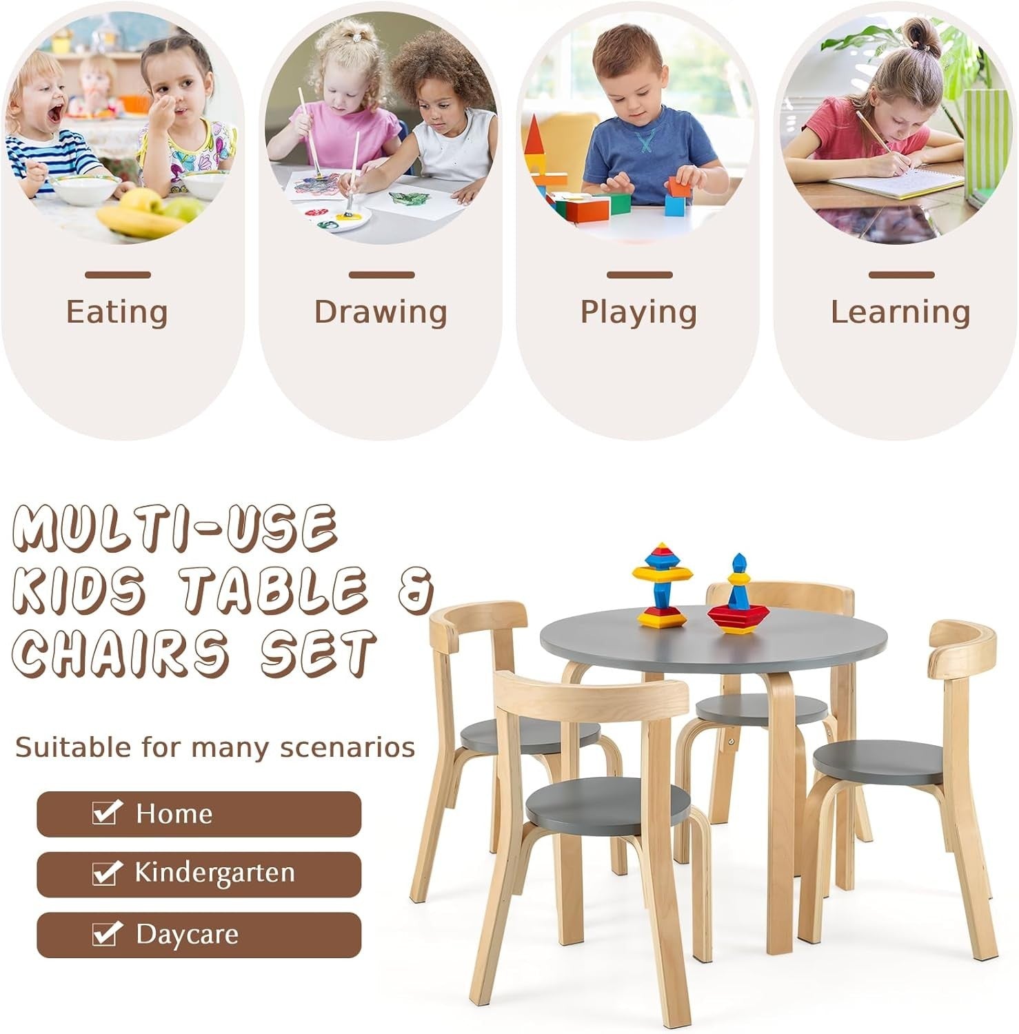 Kids Table & 4 Chairs Set Solid Wood Stackable Ergonomic Grey Furniture