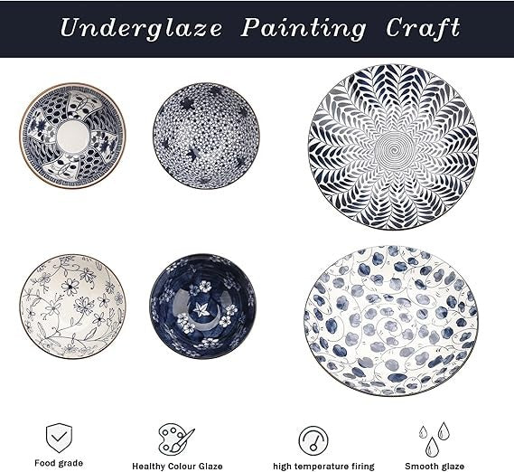 Blue White Porcelain Dinner Set Plates Bowls 6pc Japanese Style Crockery