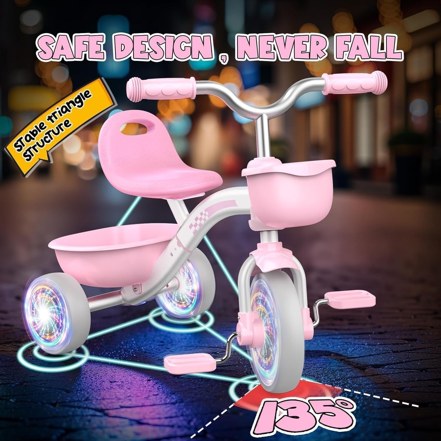 Girls Tricycle Balance Bike LED Light Wheels Adjustable Seat Pink 2-5Y