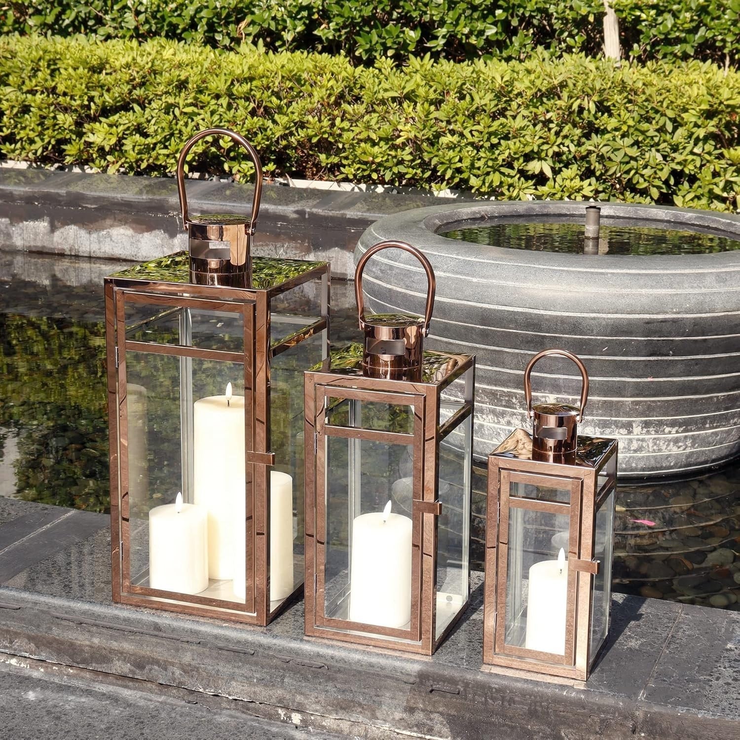 3 Pack Rose Gold Stainless Steel Candle Lanterns Indoor Outdoor Decor