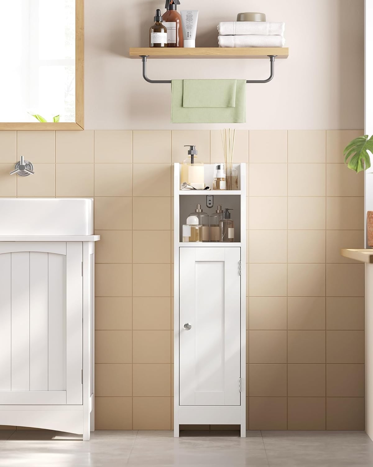 Slim White Bathroom Storage Cabinet with Door, Adjustable Shelf & Narrow Design