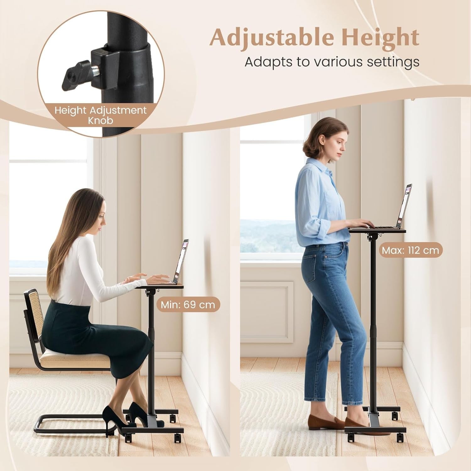 Adjustable Overbed Table Laptop Desk C Shaped Rolling Bedside Stand Grey
