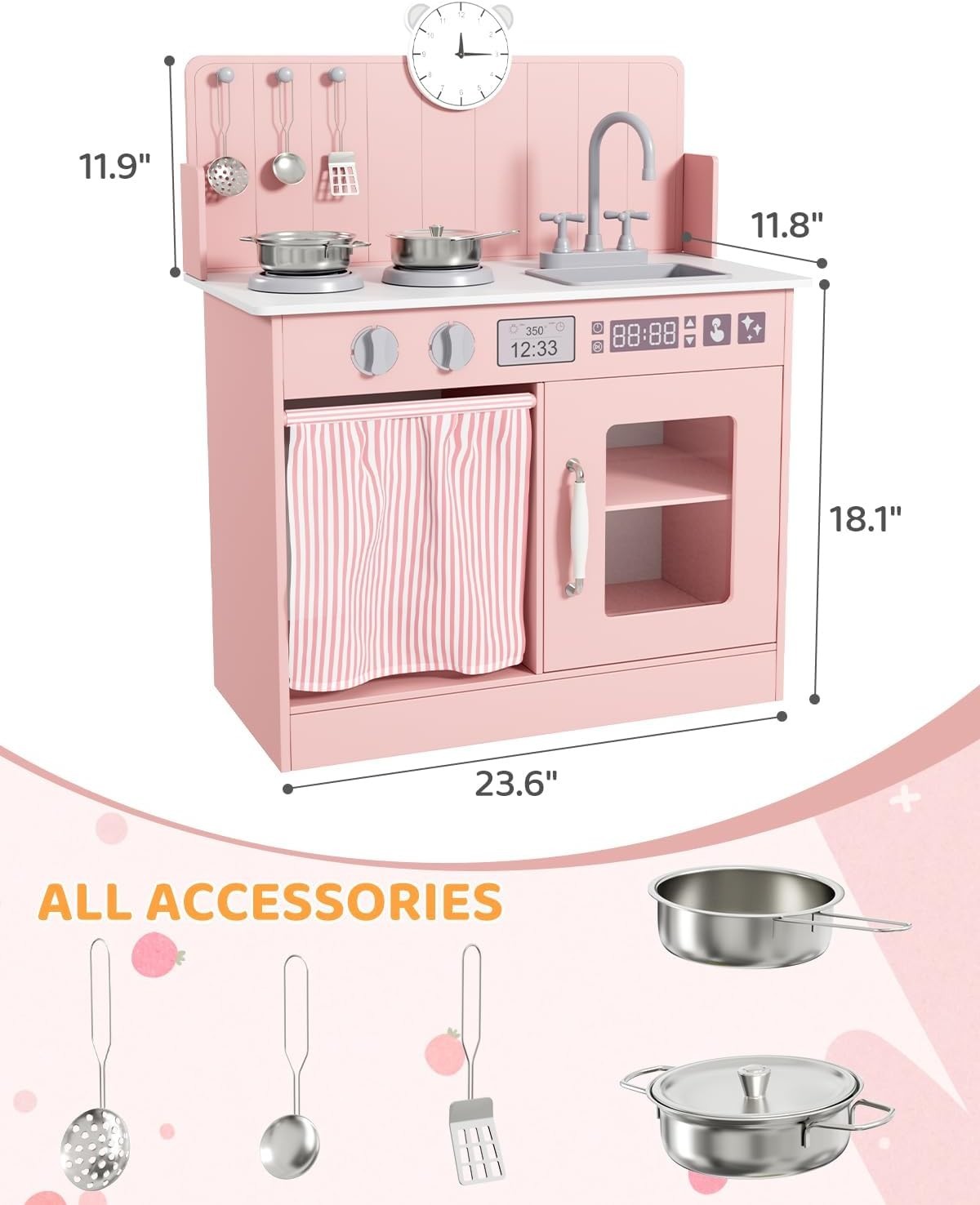 Wooden Kids Play Kitchen Pink Toy Cooker Sink Cookware Storage Set
