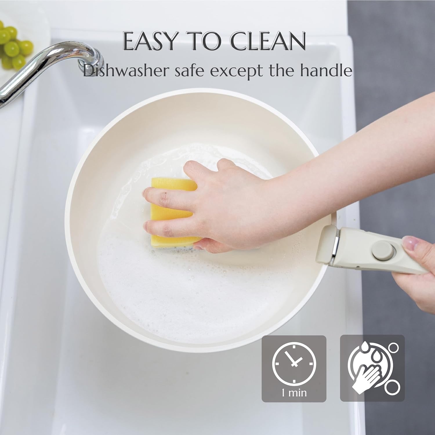 5pcs Cream Ceramic Cookware Set Removable Handle Induction & Oven Safe