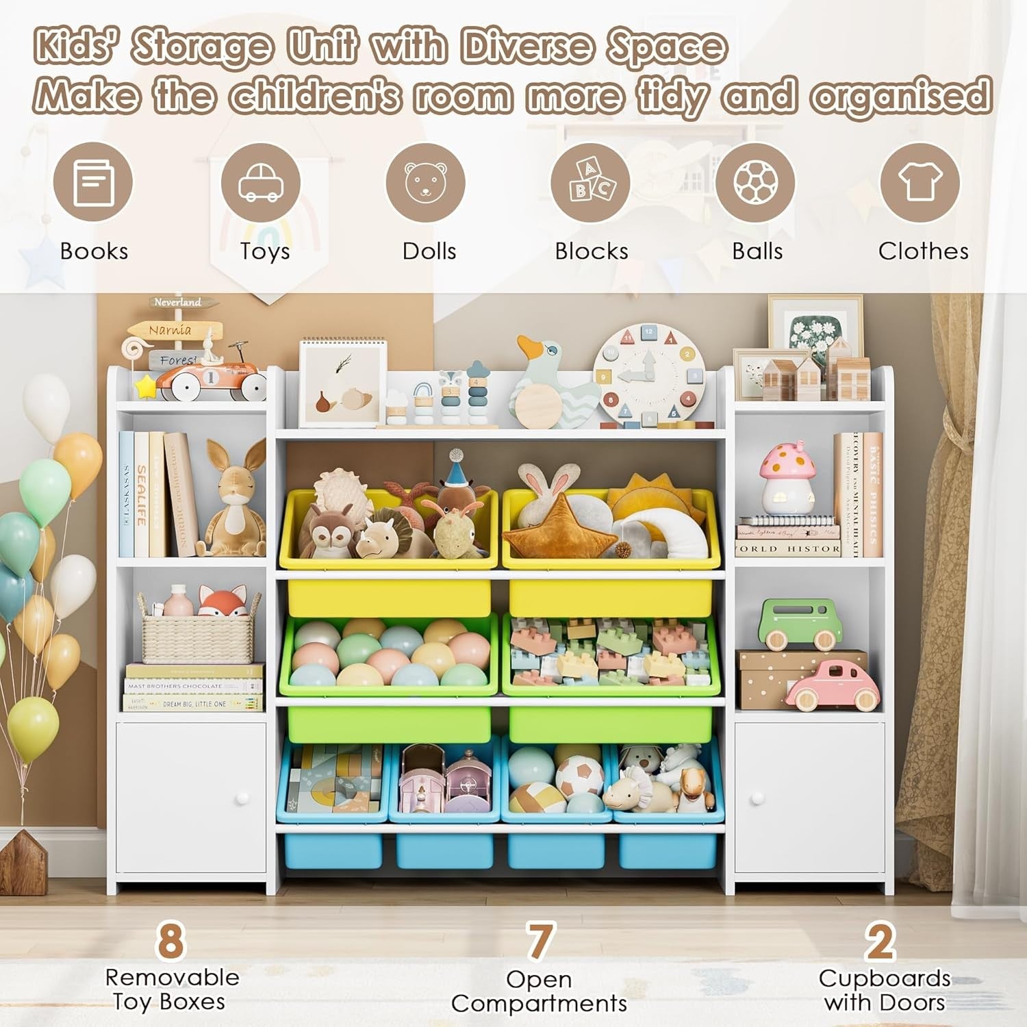 Kids Toy Storage Unit with 8 Boxes & Shelves – Yellow+Green Bookcase Organizer