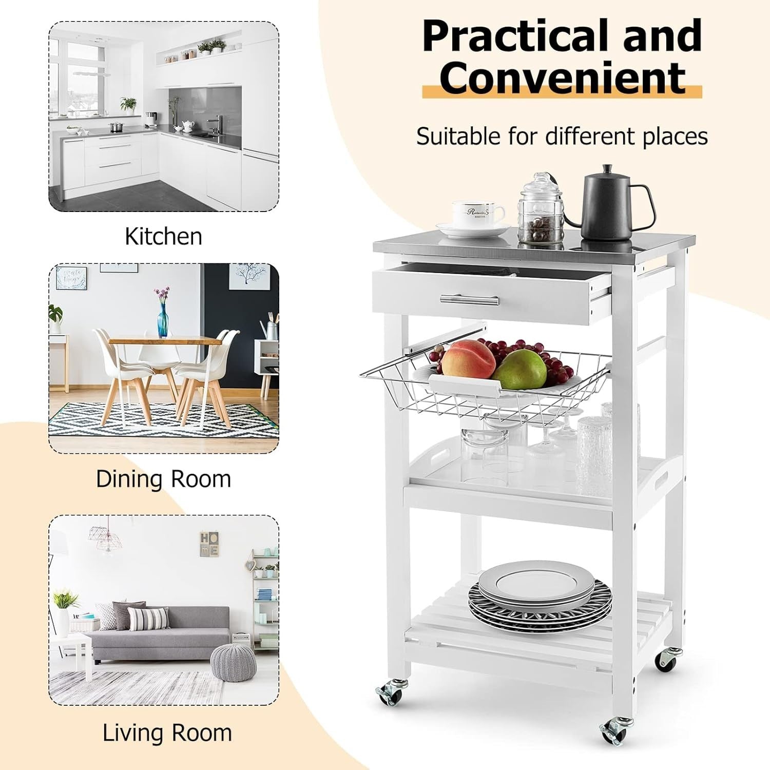 White 4 Tier Rolling Trolley Cart Drawer Basket Tray