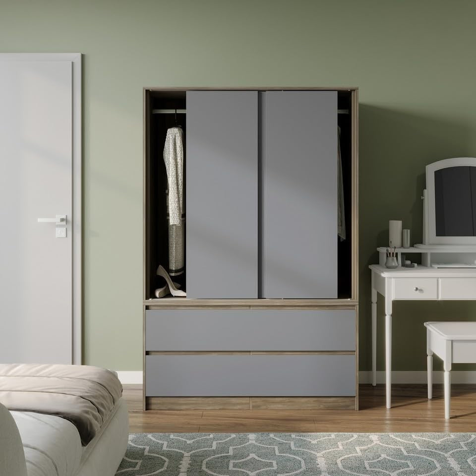 Grey Sliding Door Wardrobe 4 Drawers Hanging Rail Modern Storage Unit
