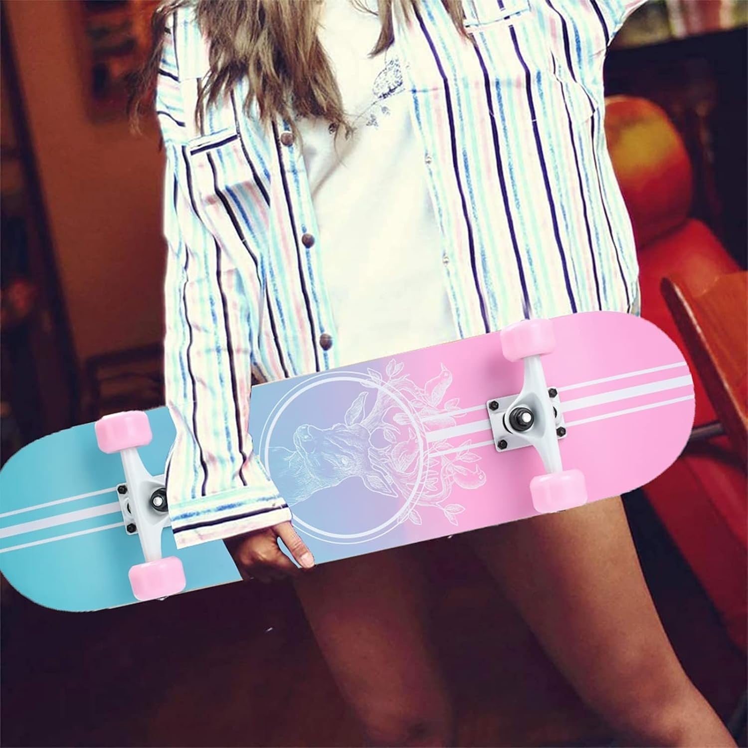 31x8 Complete Maple Skateboard Double Kick Pink Cruiser Kids Teens Adult