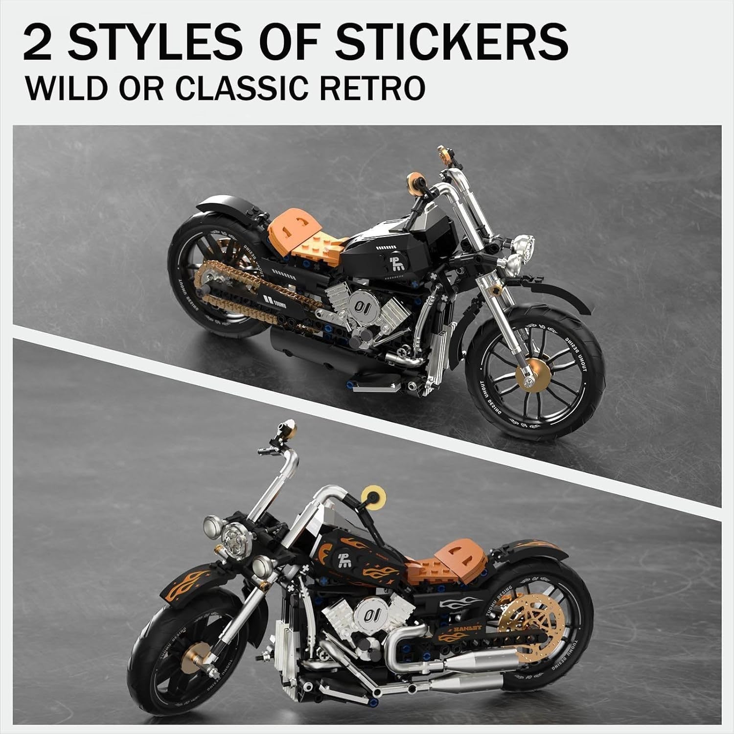445-Piece Retro Motorcycle Model Kit with Chain Drive & Custom Stickers
