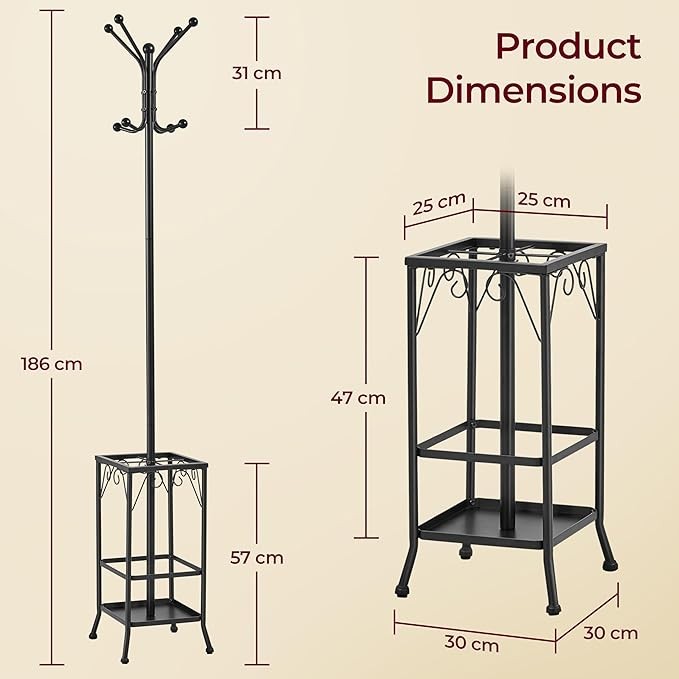 Black Metal Coat Rack Stand with Umbrella Holder 8 Hooks Hallway Organizer