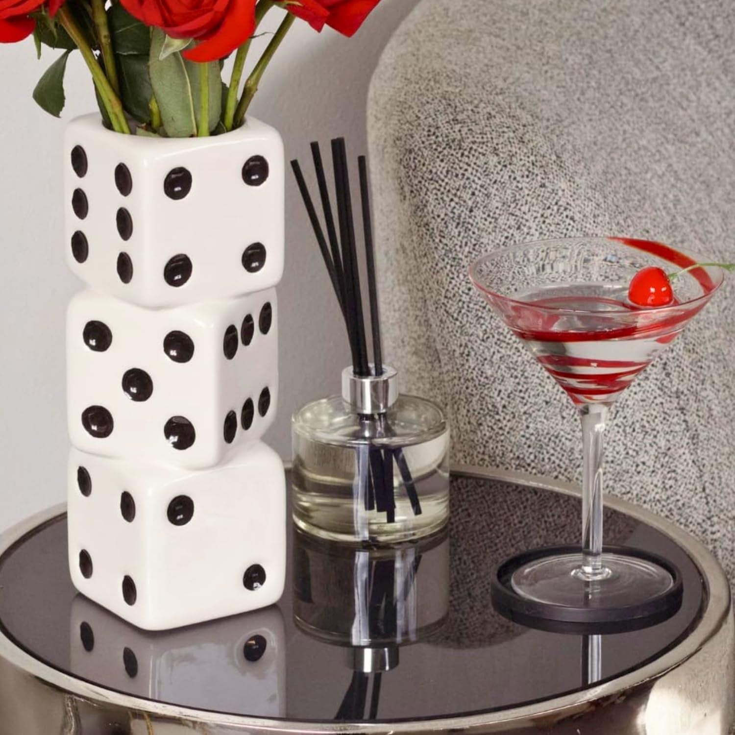 Dice Vase Ceramic Triple Stack White Black Dot Modern Table Flower Decor