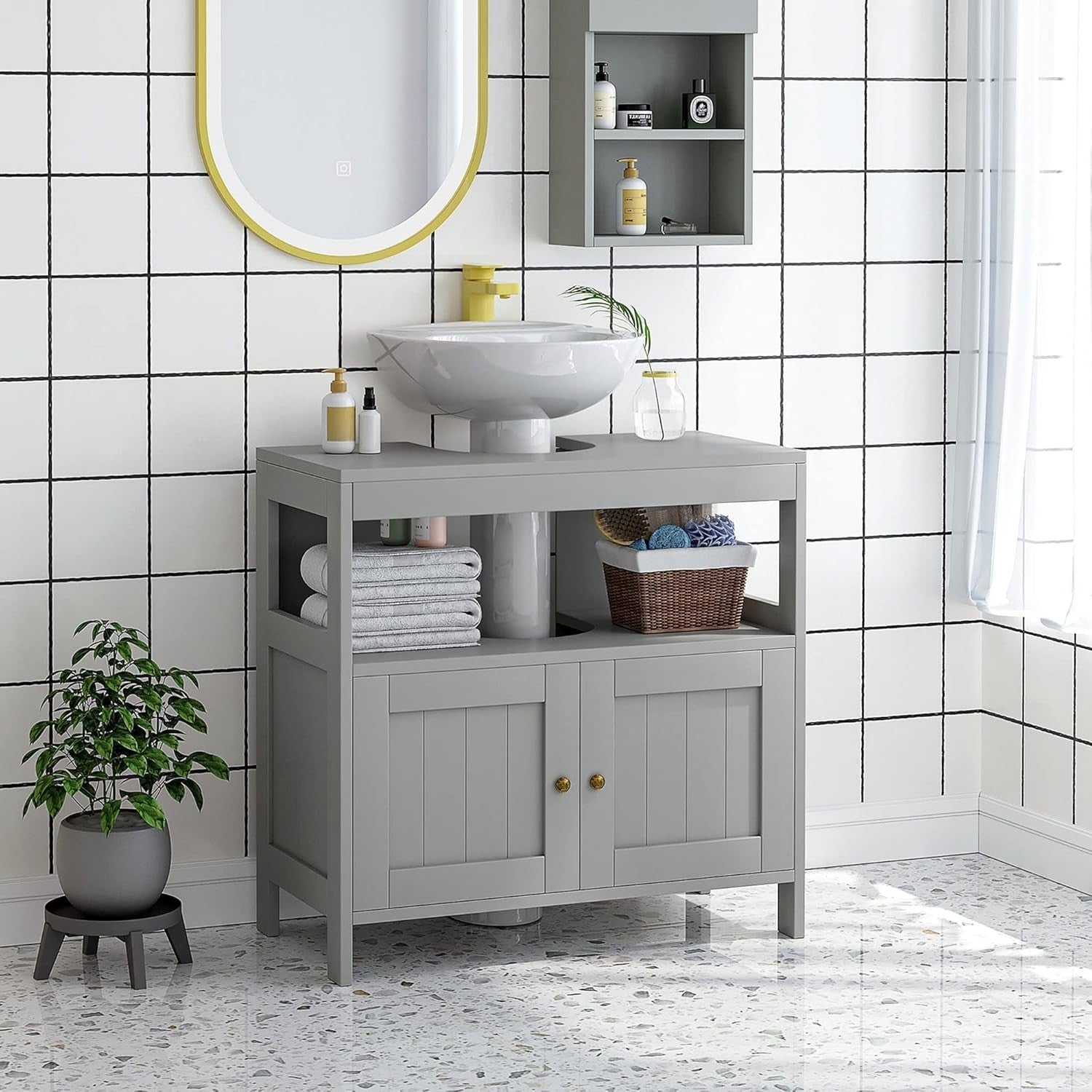 Grey Under Sink Bathroom Cabinet Vanity Storage Unit with Doors & Shelf 60x60cm
